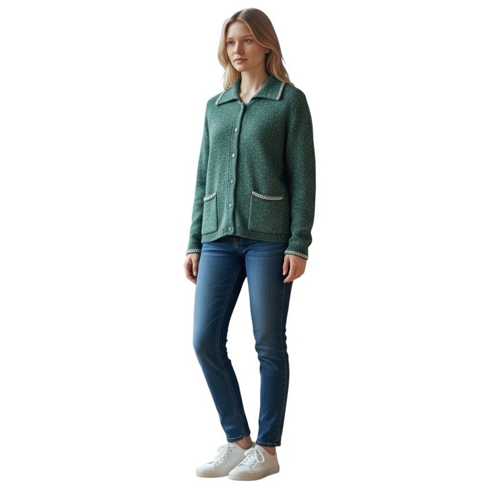 Woolrich Womens L‎ Teal Tweed Knit Cardigan Button Front Pockets Cottagecore